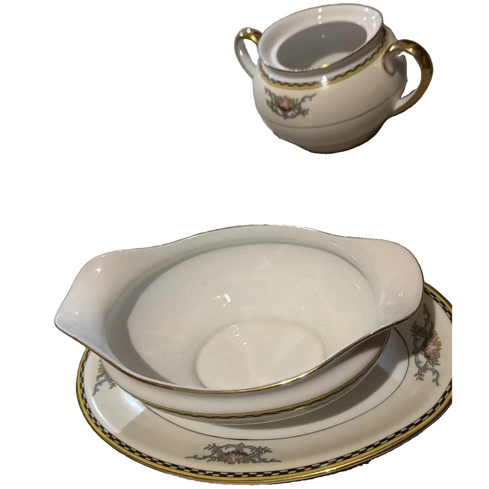 Noritake 9in Gravy Boat & Sugar Bowl,, White, Camilla Floral Gold Trim